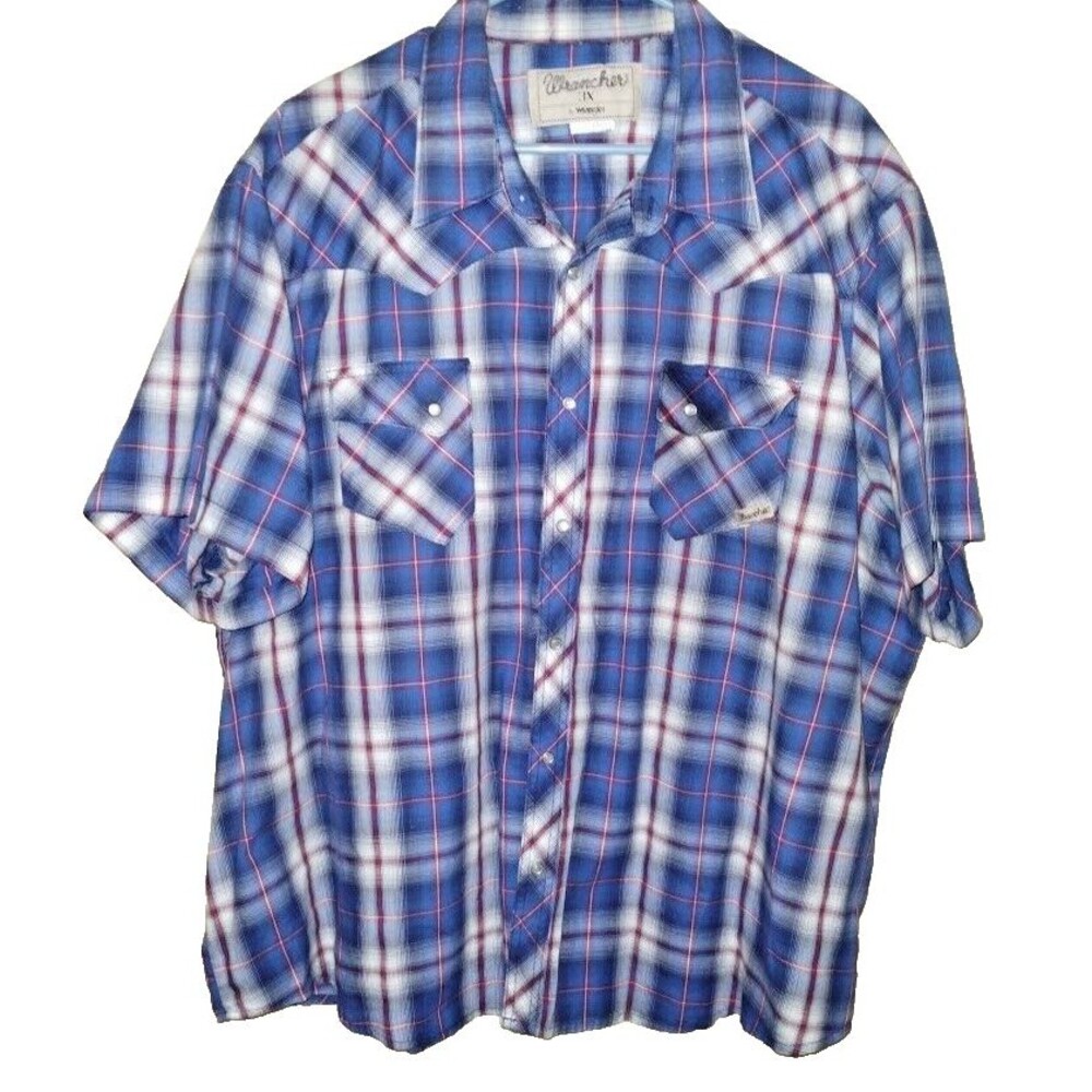 Wrangler Wrancher Shirt Men 3X Blue White Red Plaid Pearl Snap Rancher Western